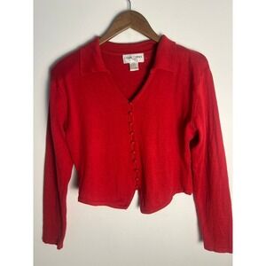 VTG Casual Corner Red Collar Crop Cardigan Sweater Med Indie Y2K Preppy Cottage